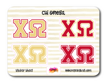 Load image into Gallery viewer, Sticker Sheet | Chi Omega | Set of 3 inch Sorority Greek Letters stickers 6 X 8