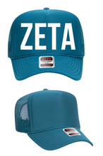 Load image into Gallery viewer, Turquoise Foam Front Turquoise Mesh Back Trucker Hat White Greek Letters Zeta Tau Alpha