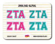 Load image into Gallery viewer, Sticker Sheet | Zeta Tau Alpha | Set of 3 inch Sorority Greek Letters stickers 6 X 8