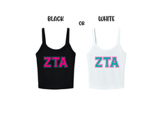 Load image into Gallery viewer, Crop Top Tank Zeta Tau Alpha Greek Letters Available in Black or White