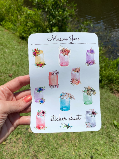 Sticker Sheet 61 Set of little planner stickers Canning Jars with Flowers