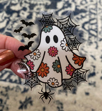 Load image into Gallery viewer, Sticker | 56B | Ghost with Flowers Webs | Waterproof Vinyl Sticker | White | Clear | Permanent | Removable | Window Cling | Glitter | Holographic