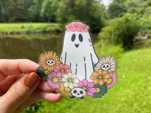 Load image into Gallery viewer, Sticker | 56D | Hippie Ghost with Flowers | Waterproof Vinyl Sticker | White | Clear | Permanent | Removable | Window Cling | Glitter | Holographic