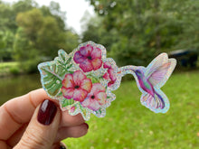 Load image into Gallery viewer, Sticker | 49E | Hummingbird with Flowers | Waterproof Vinyl Sticker | White | Clear | Permanent | Removable | Window Cling | Glitter | Holographic