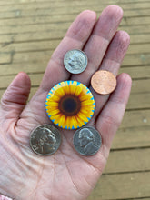 Load image into Gallery viewer, Pin Back Button Sunflower with blue background