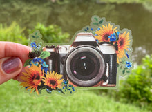 Load image into Gallery viewer, Sticker | 17F | Vintage Camera with Flowers| Waterproof Vinyl Sticker | White | Clear | Permanent | Removable | Window Cling | Glitter | Holographic