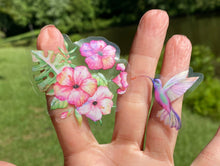 Load image into Gallery viewer, Sticker | 49E | Hummingbird with Flowers | Waterproof Vinyl Sticker | White | Clear | Permanent | Removable | Window Cling | Glitter | Holographic
