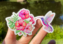 Load image into Gallery viewer, Sticker | 49E | Hummingbird with Flowers | Waterproof Vinyl Sticker | White | Clear | Permanent | Removable | Window Cling | Glitter | Holographic