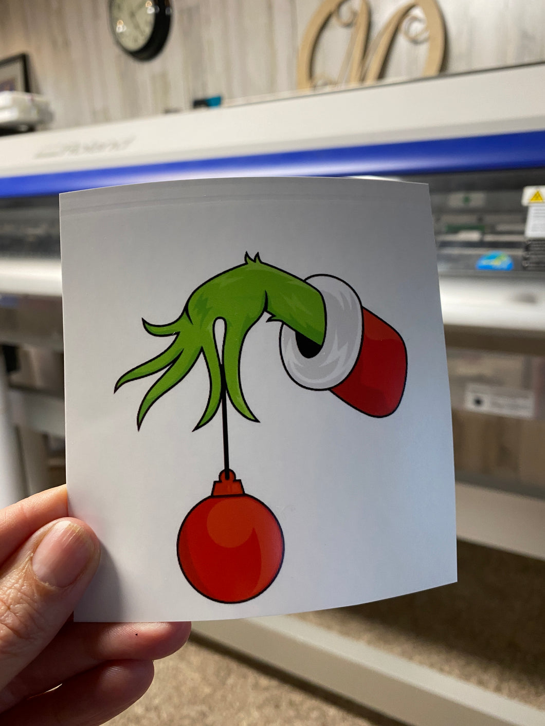 Waterslide Decal Green Grinch Hand holding Ornament