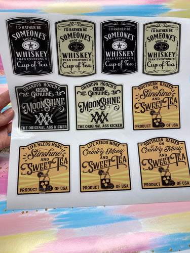 Sticker Sheet Whiskey MoonShine Sweet Tea Full Sheet