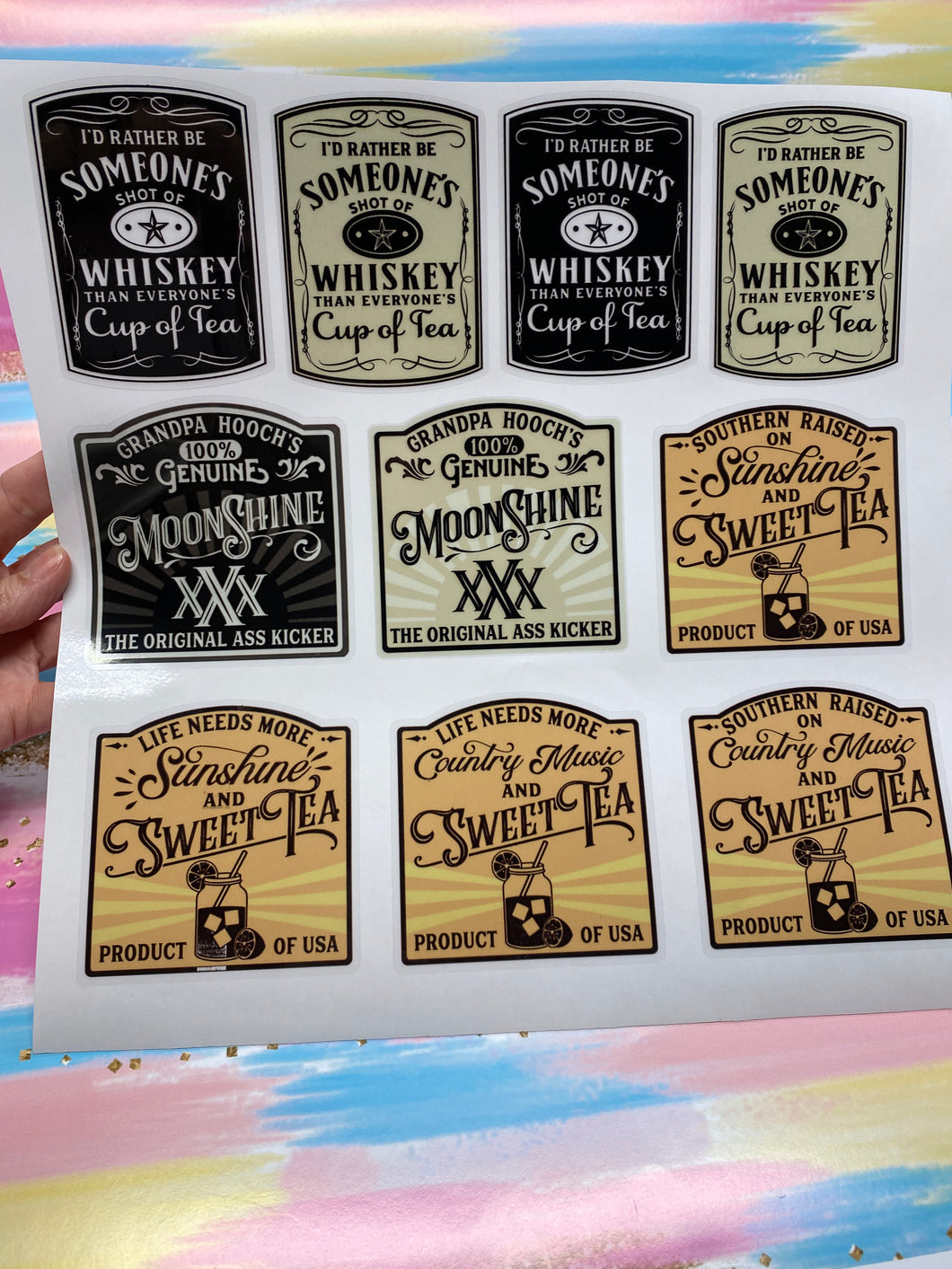 Sticker Sheet Whiskey MoonShine Sweet Tea Full Sheet