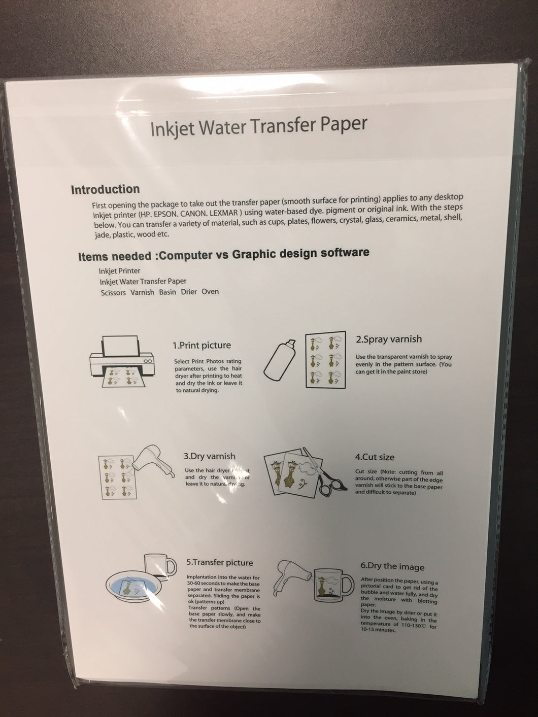 Waterslide Paper CLEAR or WHITE for use with your home desktop INKJET printer