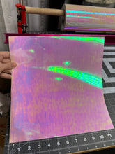 Load image into Gallery viewer, Holographic Pink Opal Laminating Sheets 4 x 12, 6 x 11, 8 1/2 x 11, 12 x 12 inches for Cold Laminating Sticker Overlay