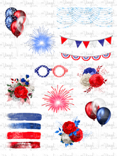 Load image into Gallery viewer, Waterslide Decal Sheet Red White &amp; Blue 4th of July elements