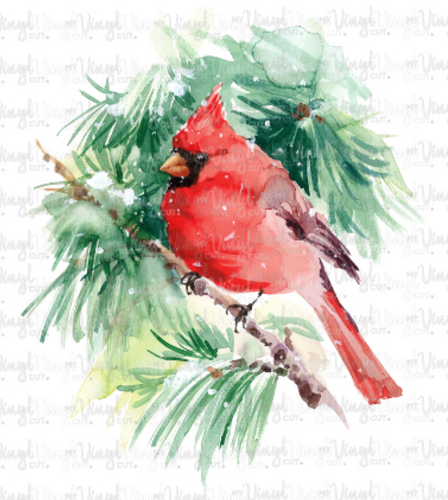 Waterslide Decal Watercolor Red Cardinal Bird on Pine Branch