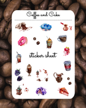 Load image into Gallery viewer, Sticker Sheet | Set 2 | planner stickers | Coffee and Cake | 5 x 7 inch sheet | permanent adhesive | waterproof ink