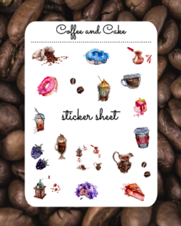 Sticker Sheet | Set 2 | planner stickers | Coffee and Cake | 5 x 7 inch sheet | permanent adhesive | waterproof ink