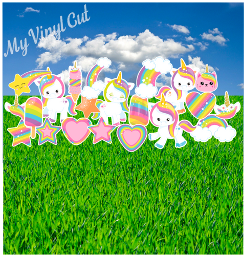 Yard Art Flair Colorful Unicorns 21 pc Set Birthday Lawn Lettering PURCHASE Outdoor Party Decorations