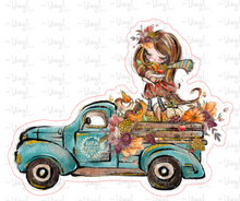 Load image into Gallery viewer, Sticker 28E Fall Market Vintage Truck with Girl, Brown Straight Hair