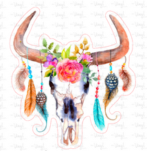 Load image into Gallery viewer, Sticker | H11 | Cow Skull with Feathers | Waterproof Vinyl Sticker | White | Clear | Permanent | Removable | Window Cling | Glitter | Holographic