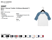 Load image into Gallery viewer, Bella Canvas Toddler 3/4 Sleeve Baseball