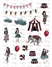 Load image into Gallery viewer, Dark Circus Themed Images printed on waterslide film for craft projects