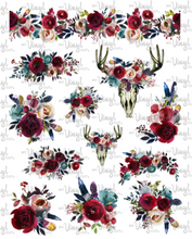 Load image into Gallery viewer, Waterslide Sheet of Decals DEER SKULL BURGUNDY FLOWERS Theme