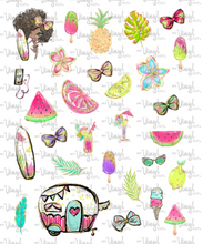 Load image into Gallery viewer, Waterslide Sheet of Decals BEACH, PLEASE Surfboard Theme