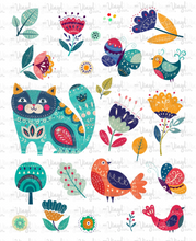Load image into Gallery viewer, Waterslide Sheet of Decals CAT BIRD FLOWERS Full Sheet