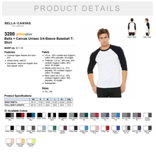 Load image into Gallery viewer, Bella Canvas Unisex 3/4 Sleeve Baseball T Shirt