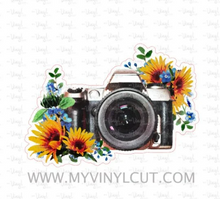 Load image into Gallery viewer, Sticker | 17F | Vintage Camera with Flowers| Waterproof Vinyl Sticker | White | Clear | Permanent | Removable | Window Cling | Glitter | Holographic